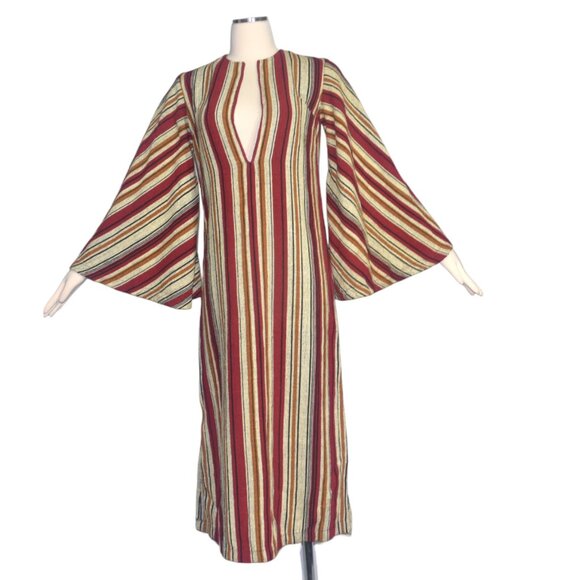 Vintage 70s Rikma Caftan Dress Angel Bell Sleeves Boho Woven Stripes XS S - Picture 1 of 11